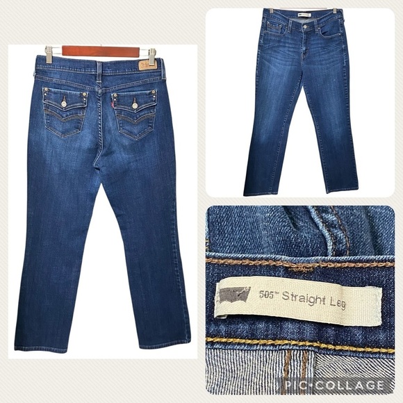 Levi’s 505 Straight Leg Jeans 30x28 Dark Wash Blue Denim Snap Pocket Classic Fit - Picture 1 of 5